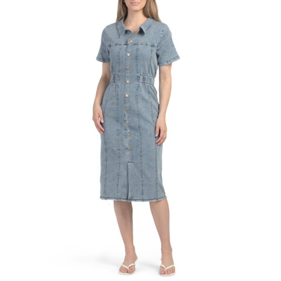 IVY CITY CO Denim Short Sleeve Denim Midi Dress